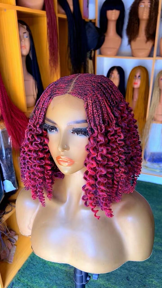 2-Tone Cornrow Braided Wig | Center Part | Curly Tips | Neck Length
