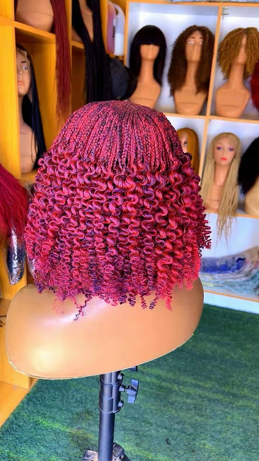 2-Tone Cornrow Braided Wig | Center Part | Curly Tips | Neck Length